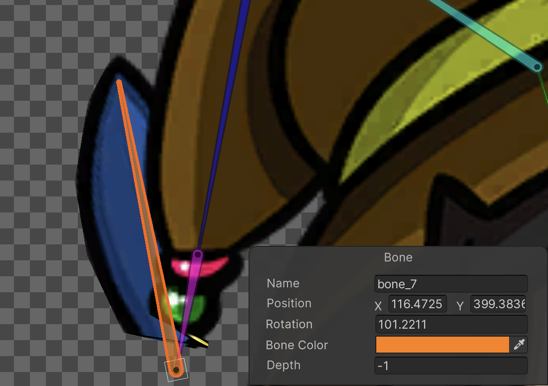 Close-up of a character's sprite with its bones visible. The selected bone is colored in orange. The sprite weighted to the bone appears behind the other sprites.