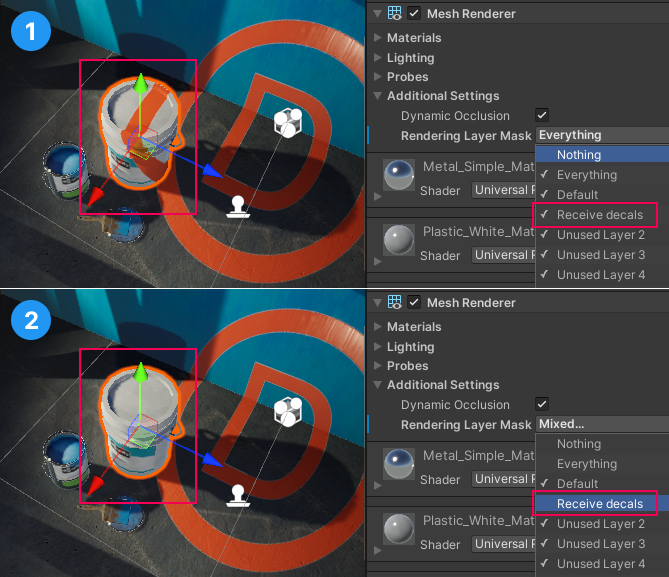 In image `1`, the paint bucket has the `Receive decals` layer selected. In image `2` it does not, so the Decal Projector does not project on the bucket.